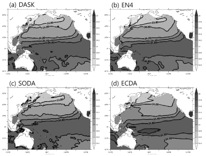 Horizontal distribution of salinity averaged from 2001 to 2010 on the 26.8 density surface, on which NPIW disperses southwestward in the (a) DASK, (b) EN4, (c) SODA and (d) ECDA. Units are psu.