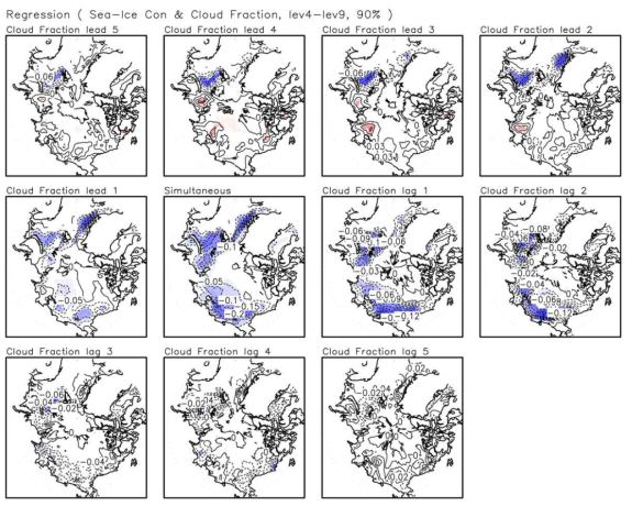 Lagged correlation map between cloud fraction and sea-ice concentration. Shaded area indicates the statistically significant with 90% confidence level.