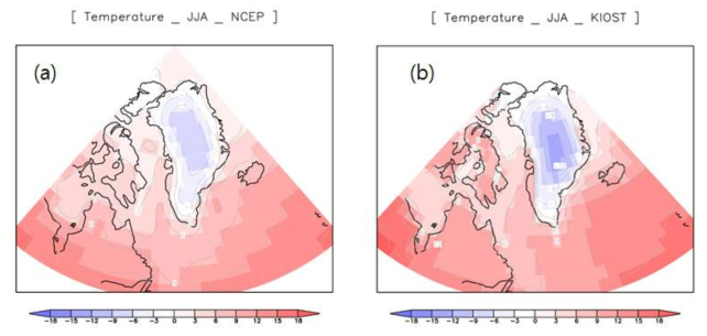 summer-mean surface air temperature obtained from (a) NCEP and (b) KIOST CGCM. Contour intervals are 3 degree.