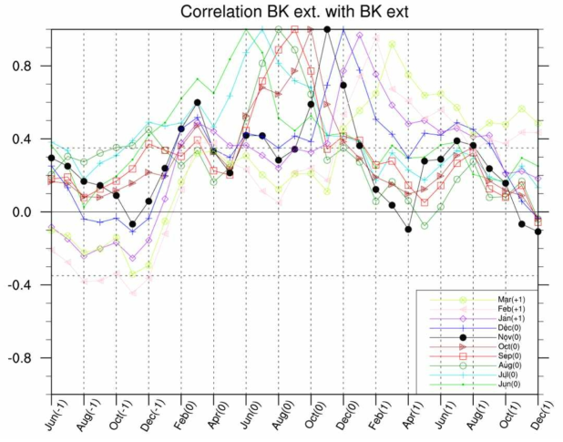 Auto-correlation of Barents-Kara sea ice concentration with respect to each calender month.