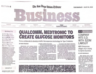 기사 San Diago Union-Tribune지; “Qualcomm, M edtronic To Create Glucose Monitors