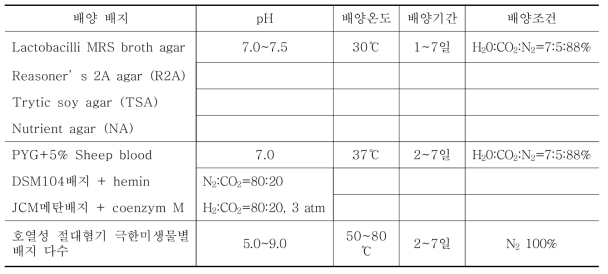 조사 대상혐기성세균의 기본 배지 및 배양조건