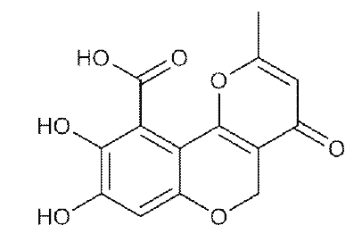 4H, 5H- Pyrano[3, 2- c] [1] benzopyran- 10- carboxylic acid, 8, 9- dihydroxy- 2- methyl- 4- oxo-의 구조