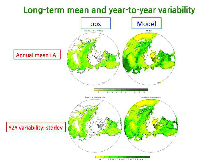 CAM-DGVM 200년 장기적분에서 모의된 식생잎면적지수 (LAI: leaf area index)의 연평균 값 및 연변동성. 관측과 모델 비교.