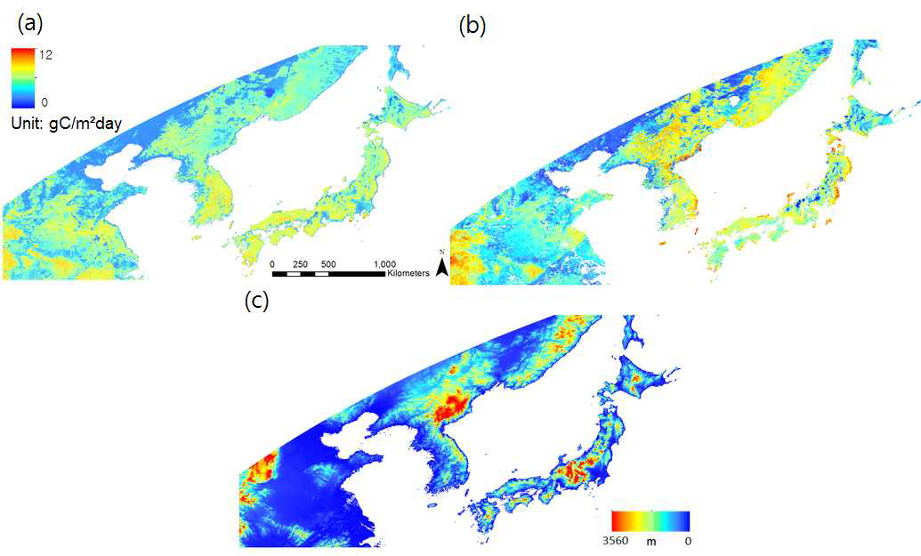 2006년 5월 (a) Random Forest GPP 공간분포도, (b) MODIS GPP 공간 분포도, (c) USGS DEM(Digital Elevation Model) 자료