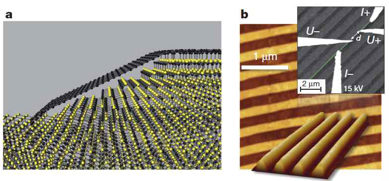 SiC 위에 성장된 그래핀 nanoribbon의 모식도(a)와 AFM 이미지(b).