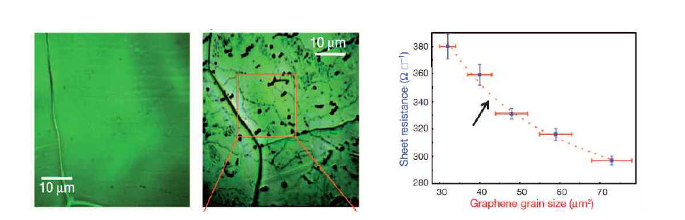 현미경으로 본 구리 촉매 위에 CVD 그래핀(왼쪽), 면저항과 grain size 관계(오른쪽).