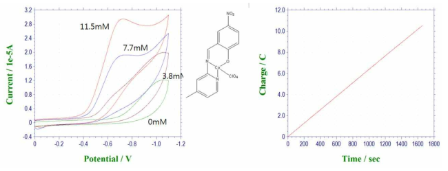 신규합성된 Co complex ([2-(4-methylpyridin-2-yliminomethyl)4-nitrophenaltoperchlorate]cobalt) 의 CV 및 Ag/AgCl에서 정전위 전기분해 결과