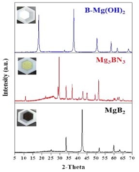 XRD pattern of MgB2, Mg3BN3, and B-Mg(OH)2.