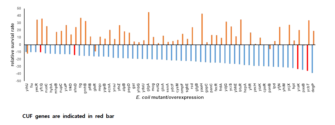 relative survival rate on E. coli mutant vs overexpression strains