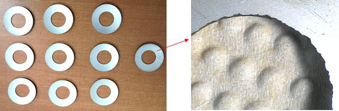 (좌)반구형 압전세라믹 (우)광학현미경으로 관찰한 안쪽 치핑