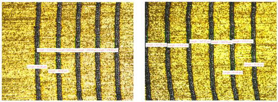 광학현미경으로 촬영한 레이저 전극 분할 결과 (좌)바깥쪽 (우)안쪽