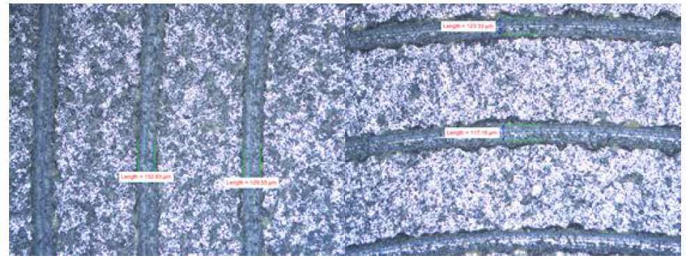 광학현미경으로 촬영한 기계가공 전극 분할 시험 결과 (좌)바깥쪽 (우)안쪽
