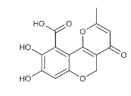 4H, 5H- Pyrano[3, 2- c] [1] benzopyran- 10- carboxylic acid, 8, 9- dihydroxy- 2- methyl- 4- oxo-의 구조