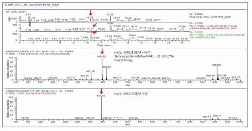 AN1091530 균주의 GSS 배지 배양액의 Total mass spectrum 과 RT 10.43 min peak의 LC-MS 분석결과 tetracycline 유사체임을 확인.