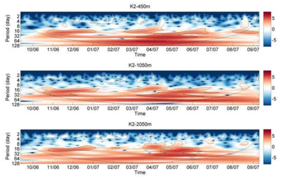 정점 K2의 남북방향 성분 유속의 wavelet 분석 결과.
