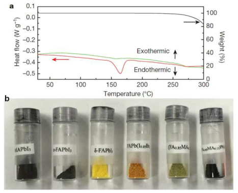 (a) 상온에서 침전법으로 제작한 노란색의 순수 FAPbI3 분말의 온도에따른 질량 변화 (검은 곡선) 및 열량 변화 (빨간 곡선) 그리고 FAPbI3에 15% MAPbBr3가 치환된 조성의 온도에따른 열량 변화 곡선 (초록 곡선). (b) 페로브스카이트 용액에 톨루엔을 첨가하여 침전시킨 분말의 사진. 오른쪽부터 순수 MAPbI3, 150도 열처리한 FAPbI3, 상온에서 침전 시킨 FAPbI3, FAPbBr3 15% 치환된 FAPbI3, MAPbI3 15% 치환된 FAPbI3, MAPbBr3 15% 치환된 FAPbI3.