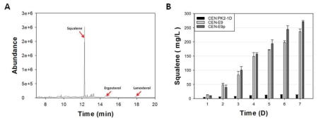 진세노사이드 대사효소에서 상위 유전자 중 하나인 ERG9의 중간대사체인 squalene의 PTS1 유무에 따른 발현 차이를 7일 flask culture를 통해 GC/MS 정성/정량 분석 결과