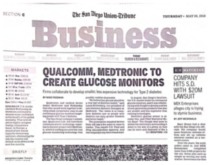 기사 San Diago Union-Tribune지; “Qualco mm, Medtronic To Create Glucose Monitors