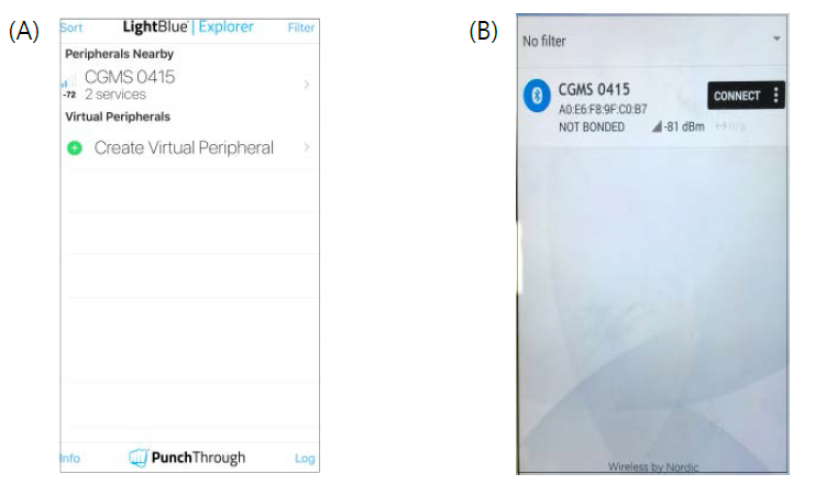 스마트폰에서 검색된 BLE MCU (A): iOS (B): Android