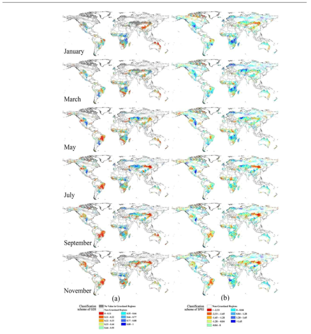 2007년 계절별 GDI와 6 month SPEI 분포 (a) GDI; (b) 6month SPEI.