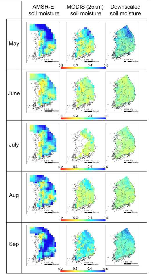 2007년 5월-9월 까지의 월평균 AMSR-E 토양 수분 (왼쪽), Random forest를 통해 산출된 25 km 해상도의 토양 수분 (중간) 및 1 km 해상도의 토양 수분 (오른쪽)