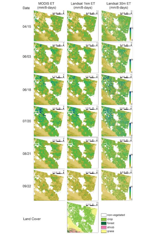 미국 캘리포니아 주의 MODIS 증발산량 영상 (왼쪽), 모델링 된 1 km 증발산량 (가운데) 및 다운스켈링 된 증발산량 분포(오른쪽)