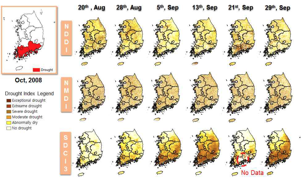 2008년 10월 가뭄에 대한 NDDI, NMDI, SDCI 비교