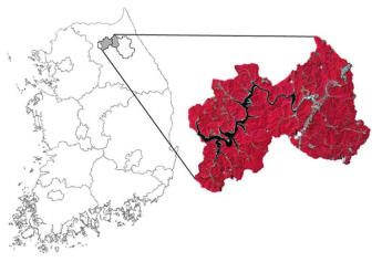 연구 지역 및 수표 면적 추출에 사용된 Landsat 영상