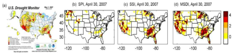 2007년 4월에 대한 각각의 가뭄지수 비교 ; (a) USDM, (b) SPI, (c) SSI, (d) MSDI