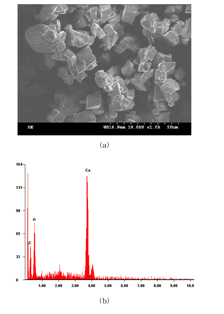 Calcium carbonate powder: (a) SEM, (b) EDS