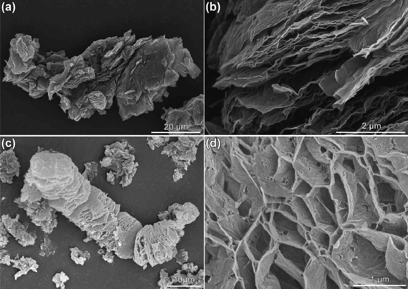 SEM images of l-rGO (a, b) and s-rGO (c, d) at different magnifications