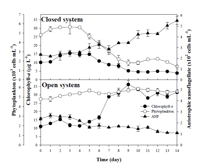 개방형(OS) 및 폐쇄형(CS) 폐쇄생태계에서 자가영양생물(식물플랑크톤, autotrophic nano flagellate(ANF) 및 chlorophyll-a 농도)의 변화