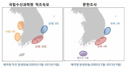 Heterosigma akashiwo의 해역별 적조발생 현황