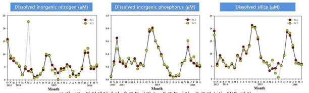 통영해역에서 용존무기질소, 용존무기인, 용존규소의 월별 변화