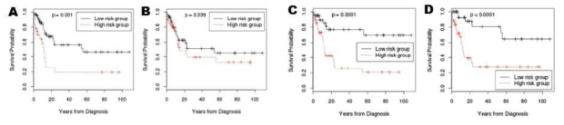 Surv-MDR(A,B)과 Cox-MDR(C,D)로 찾아낸 SNP pair 에 의한 High risk 그룹과 Low risk 그룹의 생존곡선