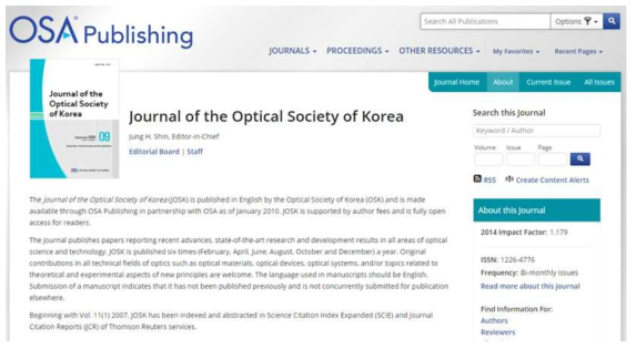OSA Optics InfoBase에 포함된 Journal of the Optical Society of Korea