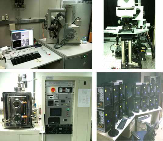 (좌상)FIB, (우상)NSOM, (좌하)E-beam evaporator, (우하)병렬컴퓨터 현장 설치 사진.
