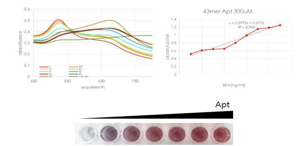 43mer의 압타머를 이용한 금나노입자/압타머 센서의 비스페놀 A 측정 결과