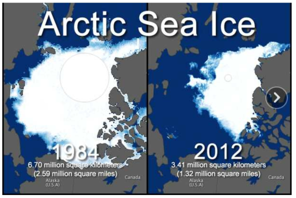 북극해의 해빙은 1979년 위성관측이 시작된 이후 2012년 9월 16일 최소 면적인 약 50%가 감소하였다.
