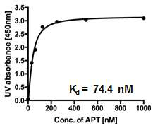 비스페놀 A에 결합하는 압타머의 결합력(Kd) 분석 : 상기 선별한 압타머의 5‘지역에 Biotin 물 질을 라벨링하여 결합력 분석함. 압타머의 결합력(Kd)은 나노몰라 농도(nM) 수준으로 비스페놀 A에 결 합하는 것을 확인함.