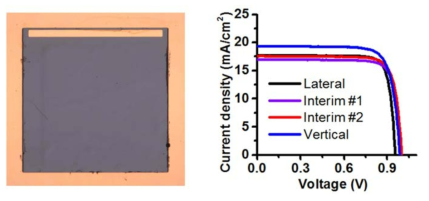 전사된 수직형 태양 전지 사진과 태양전지 두께 별 전압-전류 그래프