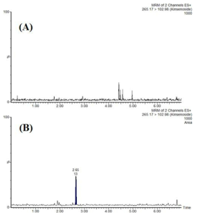 Represnetative chromatograms for blank rat plasma (A), and blank rat plasma spiked with kinsenoside
