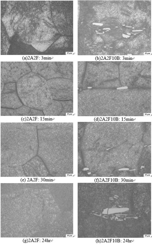 Microstructures of solution treated 2A2F and 2A2F10B alloys aging at 600 ˚C for different times