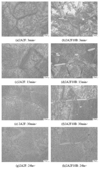 Microstructures of solution treated 2A2F and 2A2F10B alloys aging at 700 ˚C for different times