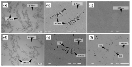 Microstructures of (a-c) 0A1F, (d-f) 0A1F-0.1B and (a),(d) Solution treated at 750℃ for 1hr, (b),(e) Solution treated at 760℃ for 1hr, (c),(f) solution treated at 770℃ for 1hr.