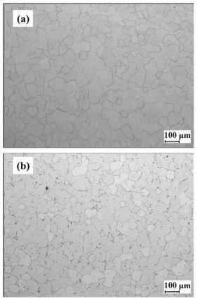 Microstructures of (a) 0A1F, (b) 0A1F-0.1B, Solution treated at 810℃ for 1hr.