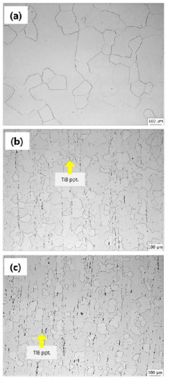 Microstructures of 850℃ 30min Water Quenched (a) B-free (b) 0.05B added (c) 0.1B added 2A2F alloy.