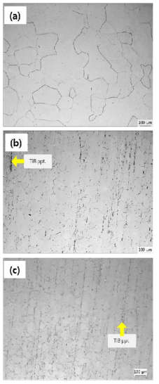 Microstructures of 850℃ 30min Water Quenched & 450℃ 1hr Water Quenched (a) B-free (b) 0.05B added (c) 0.1B added 2A2F alloy.