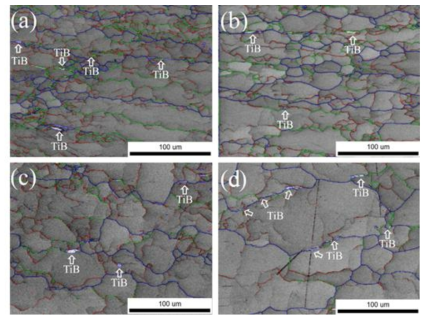 Microstructures with boundary of 2A2F10B alloy after deformed under a lower strain rate of 0.01/s at various temperatures